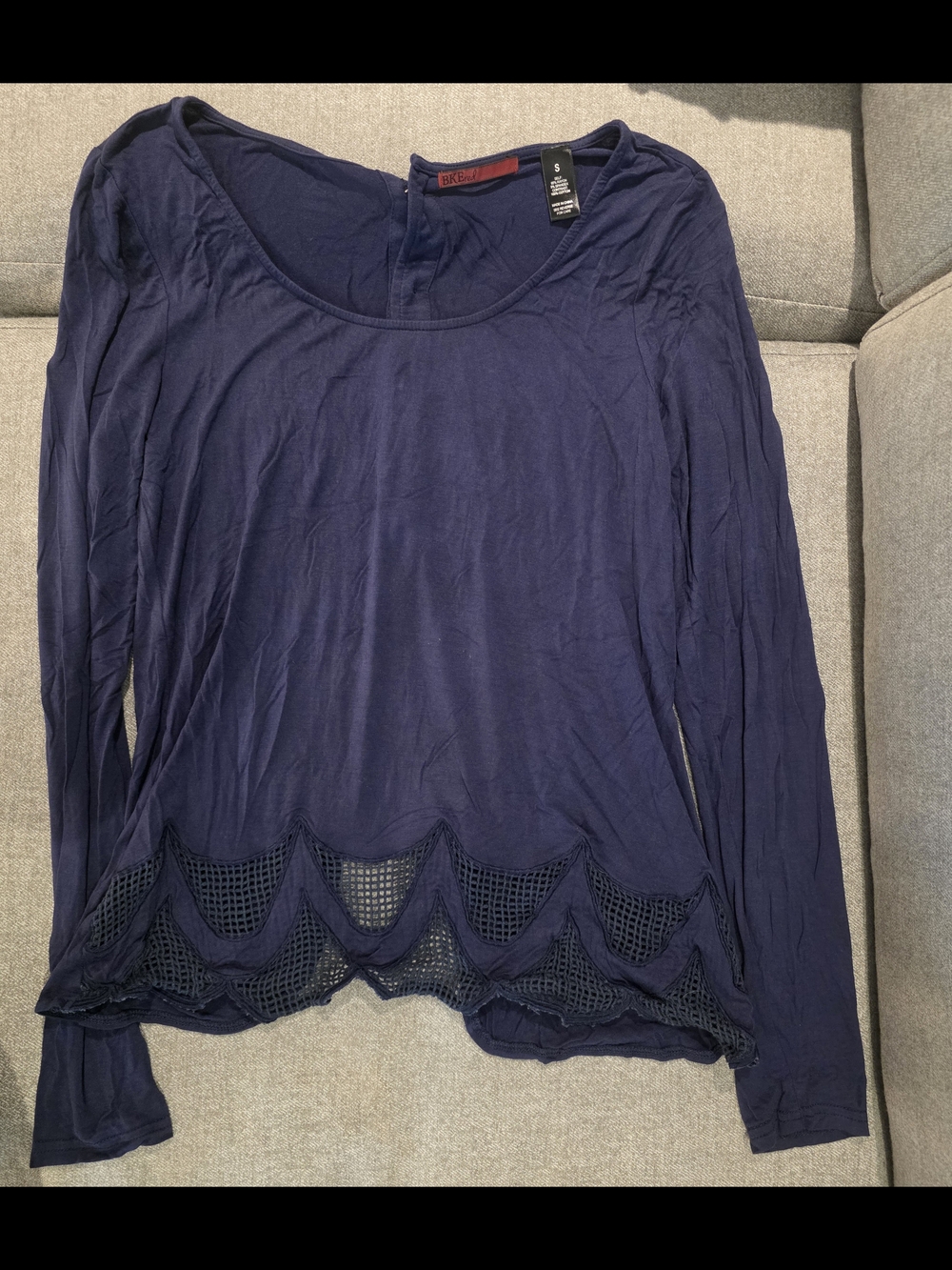 BKEred  Navy Long Sleeve Scoop Neck Top with Crochet Hem And Open Button Back